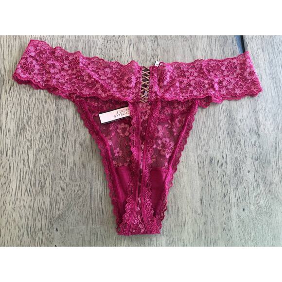 Victoria's Secret Magenta and Gold Floral Lace Lattice Thong - L - Picture 2 of 2